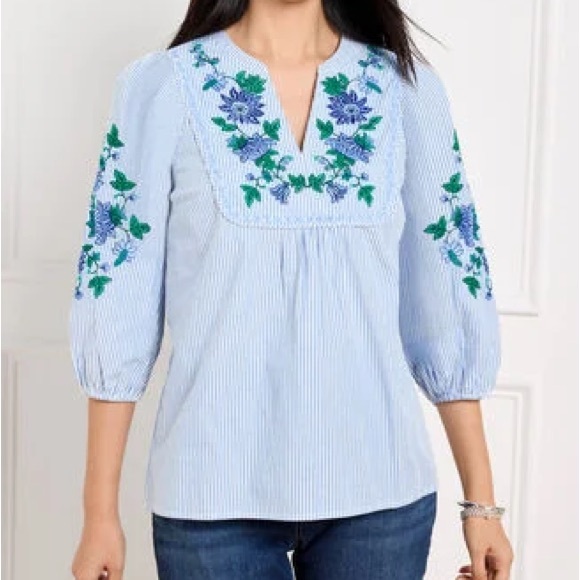 Talbots EMBROIDERED STRIPE POPOVER Top Size Petite Small - Picture 2 of 8